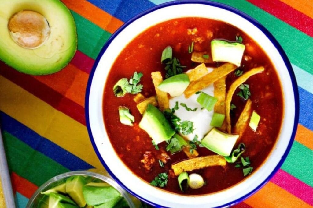 Overhead view of taco soup in a bowl.