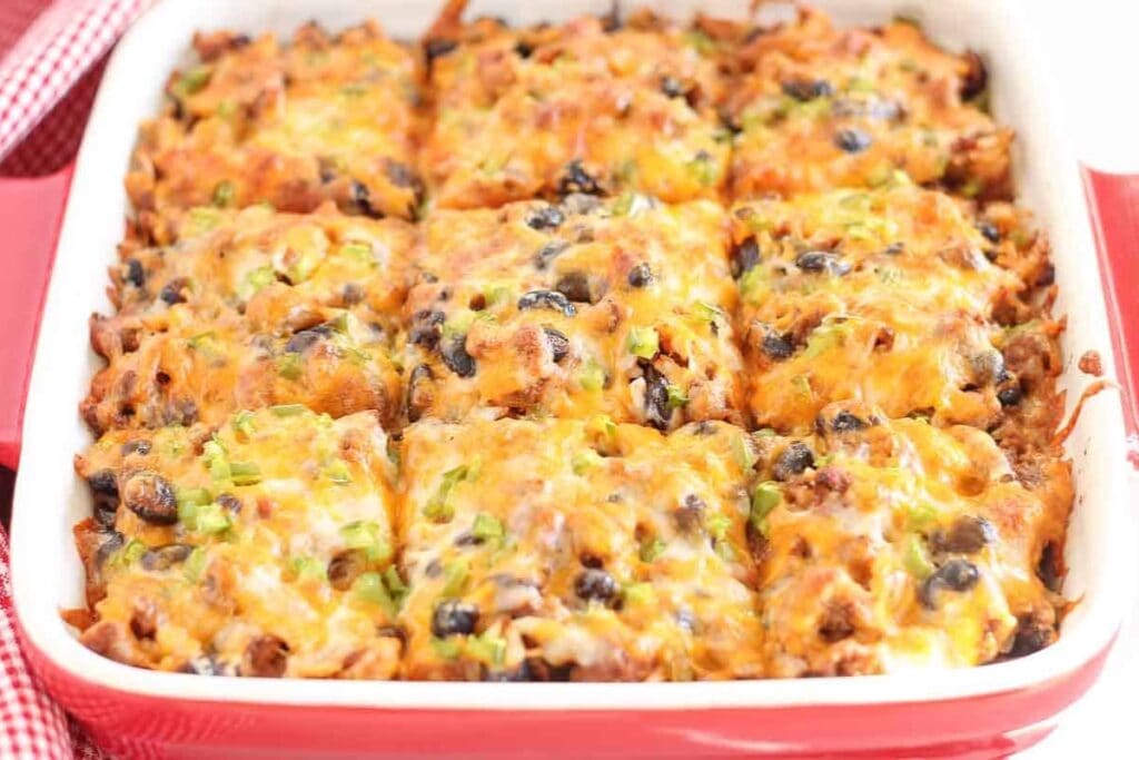Close-up of Tex-Mex casserole in a baking dish.