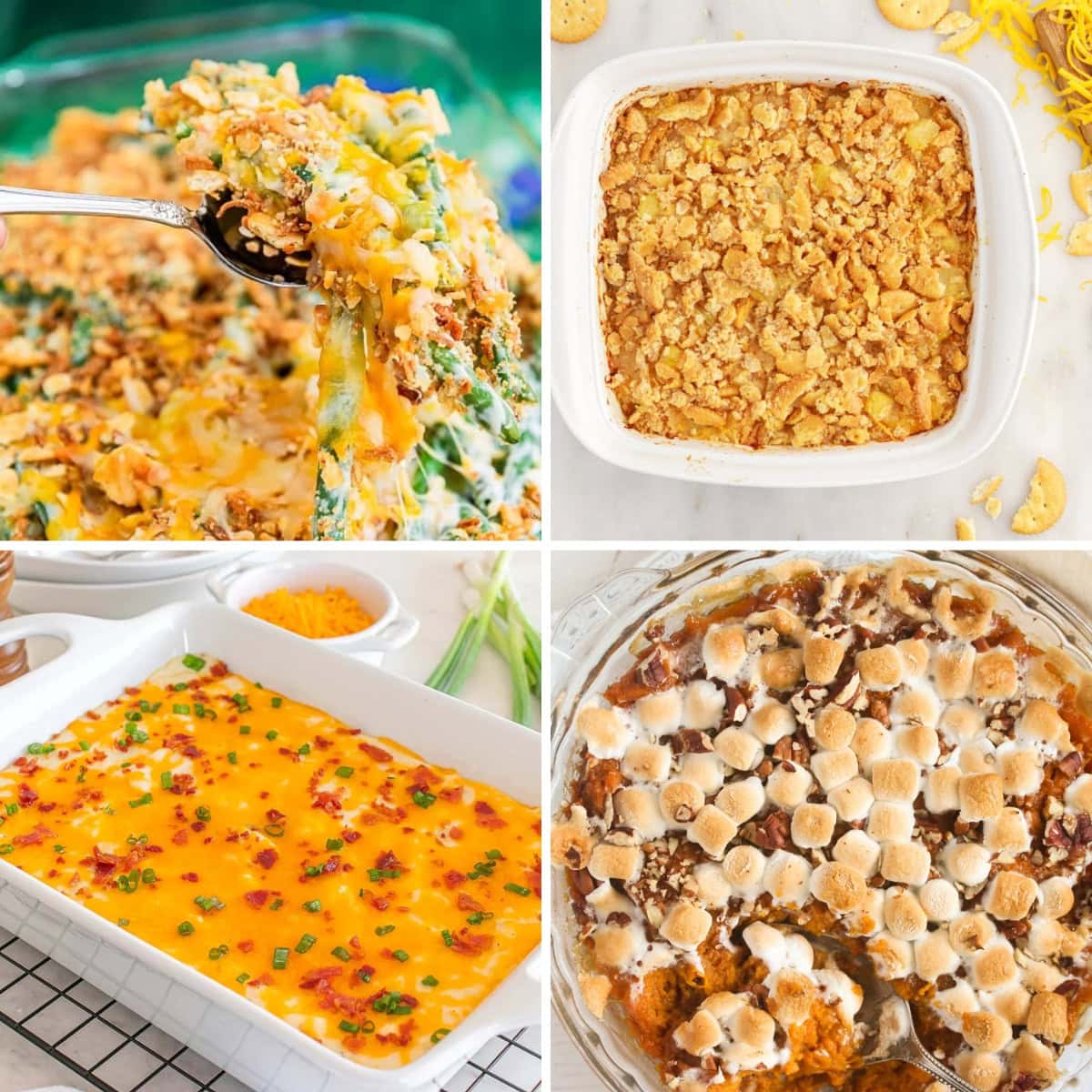Collage of Thanksgiving casserole side dishes.