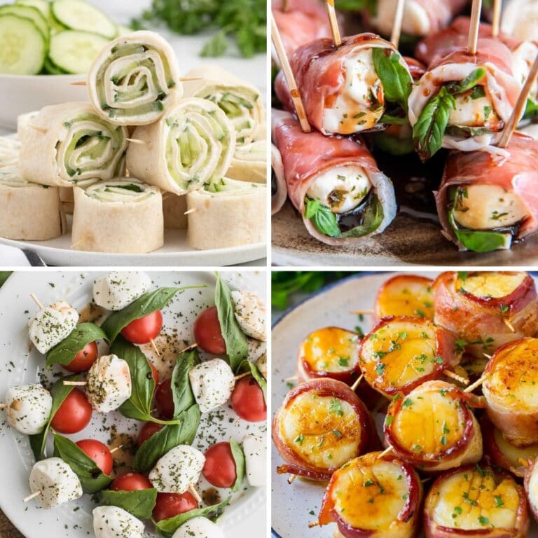 Collage of various bite-sized toothpick appetizers.