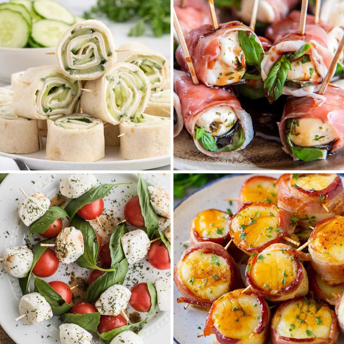 Collage of various bite-sized toothpick appetizers.