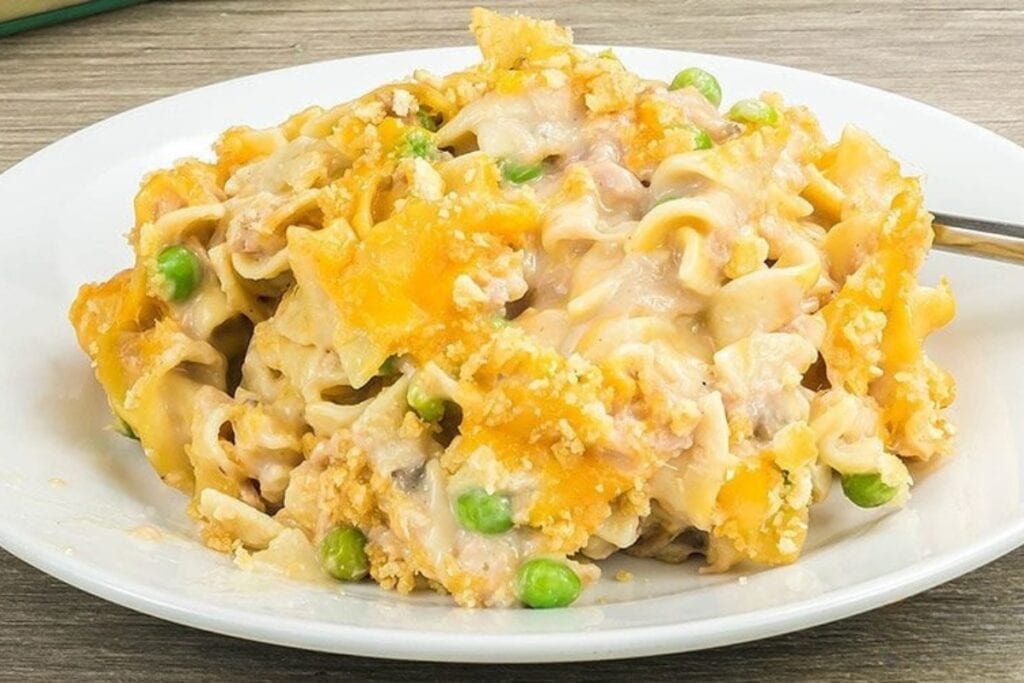 Tuna noodle casserole on a plate.