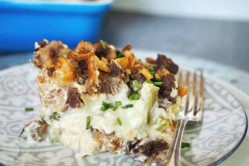 Turkey divan on a plate with fork on the side.