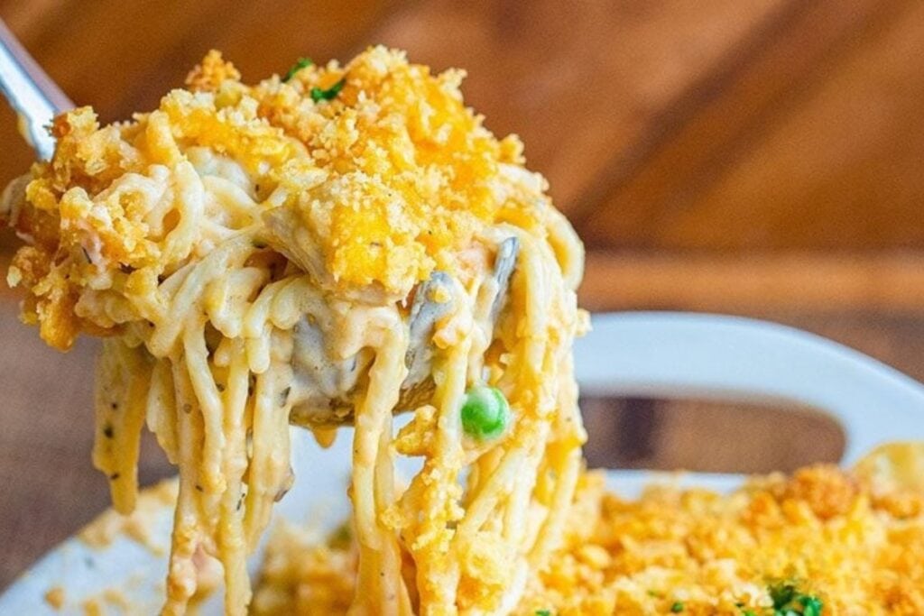 Close-up of turkey tetrazzini casserole on a fork.