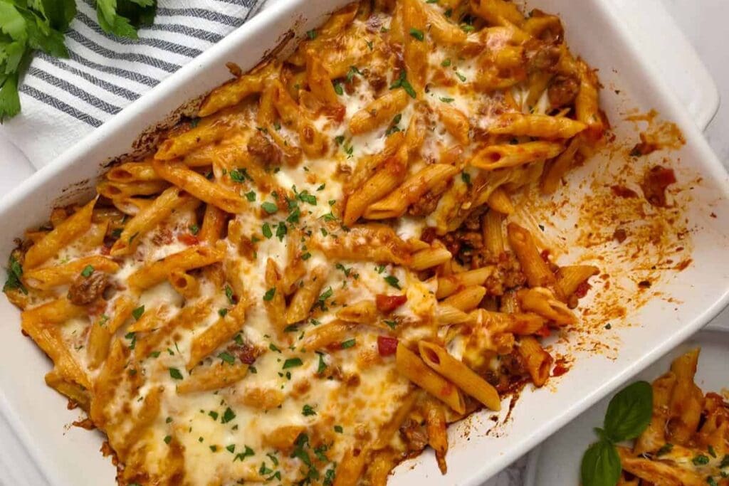 Baked penne pasta with sausage, tomato sauce, and melted cheese in a dish.