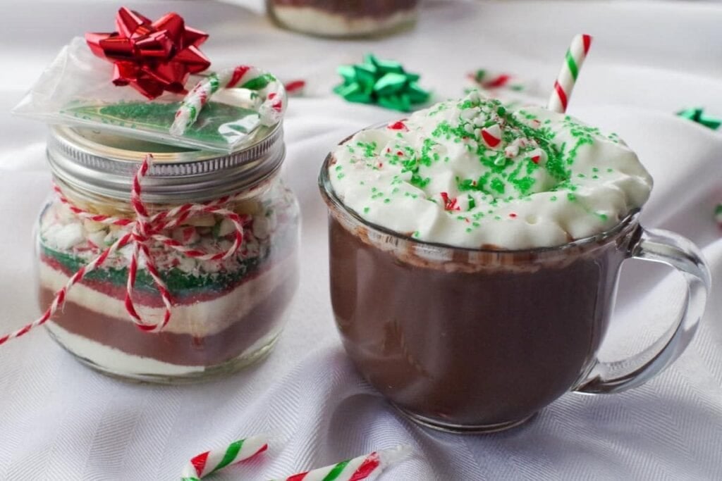 A close up shot of candy cane hot chocolate.