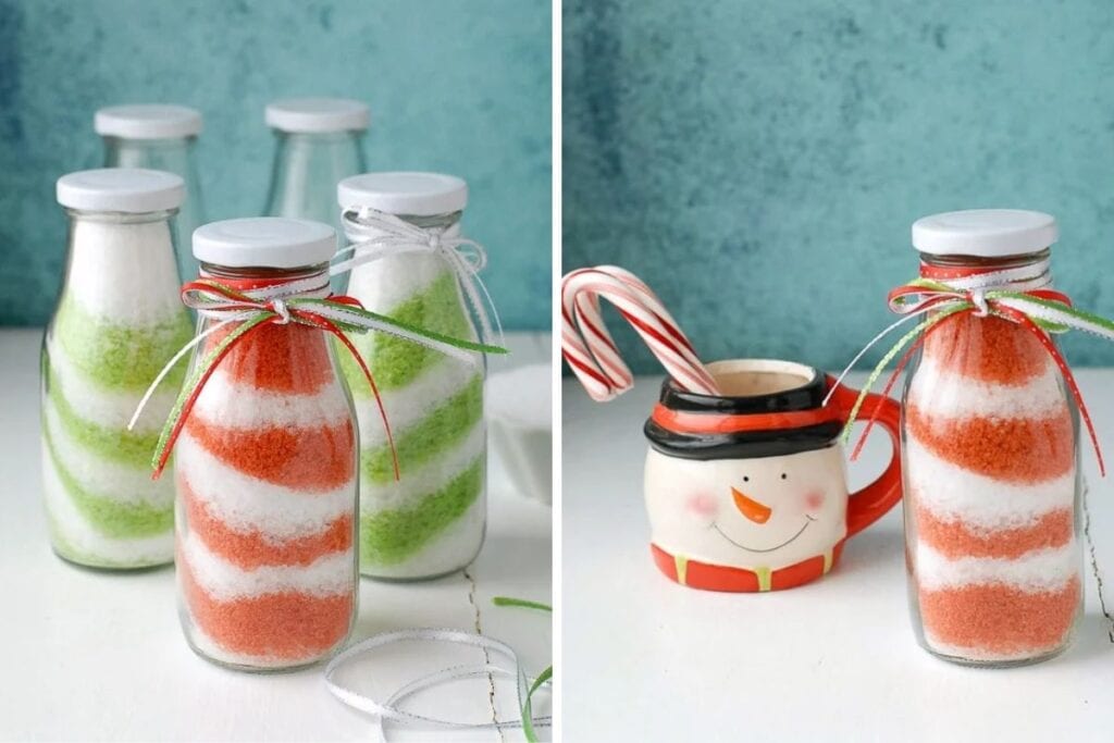 Collage of candy cane swirl bath salts.