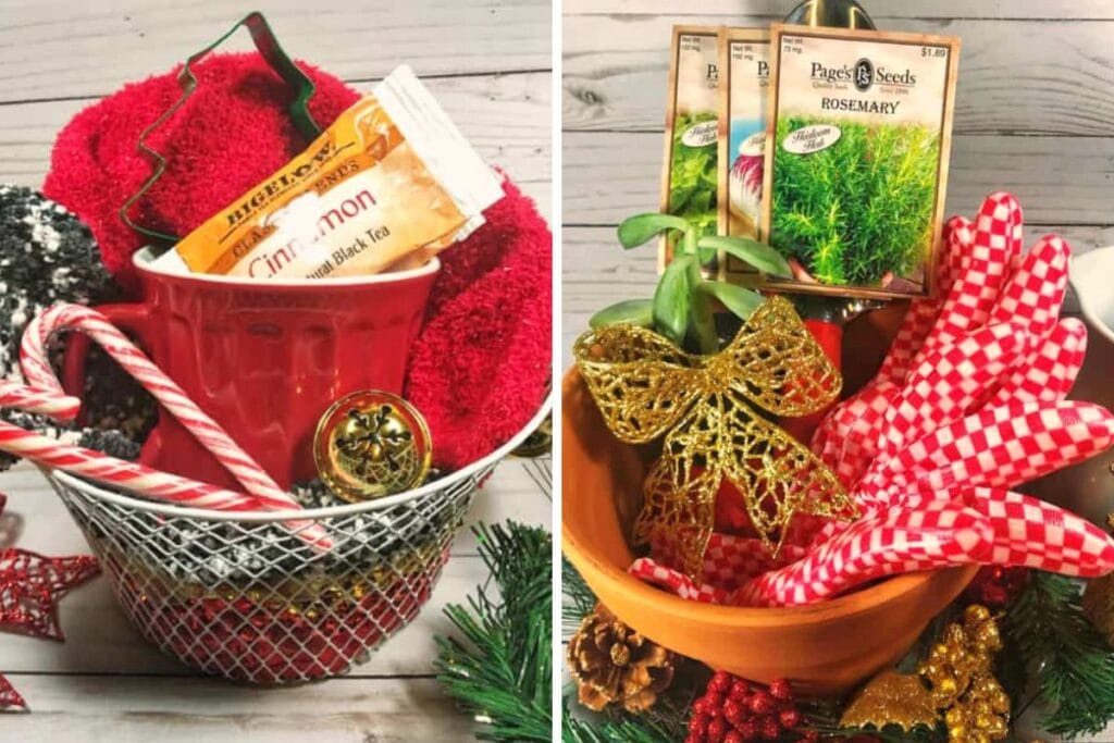 A close up shot of Christmas gift baskets.
