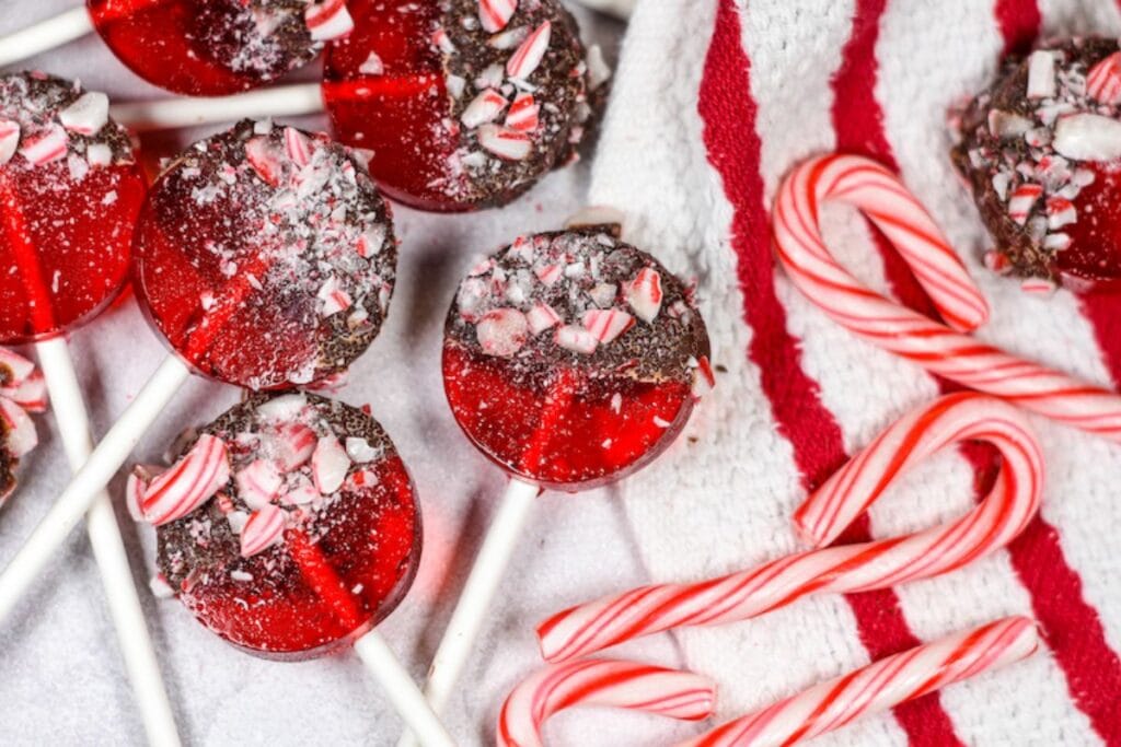 A close up shot of peppermint lollipops.