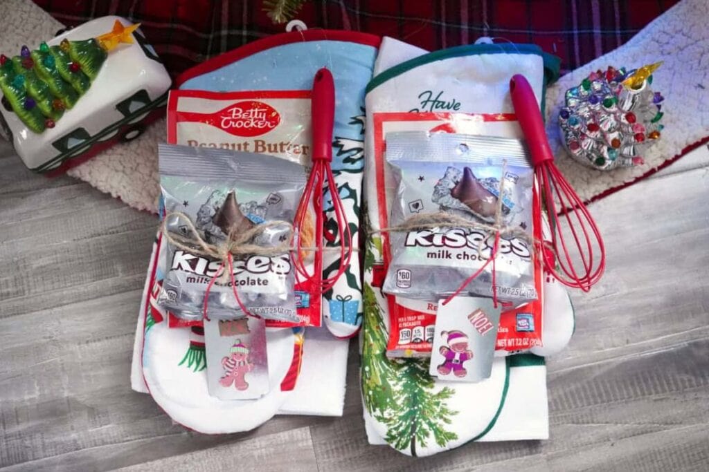 A close up shot of Christmas oven mitts.