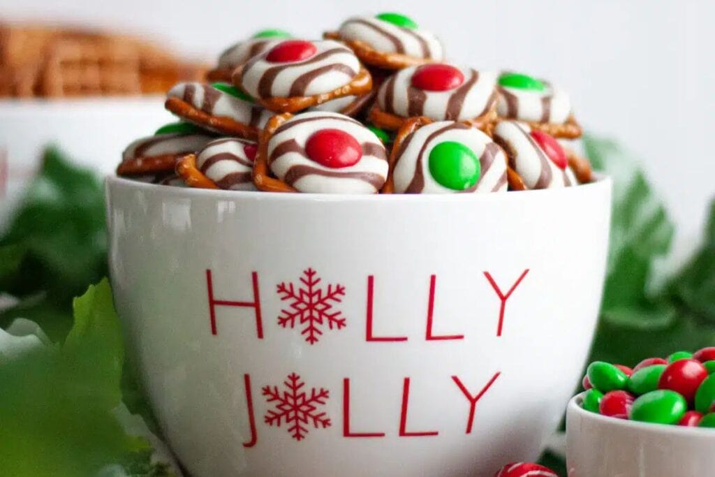 A close up shot of Christmas pretzels.