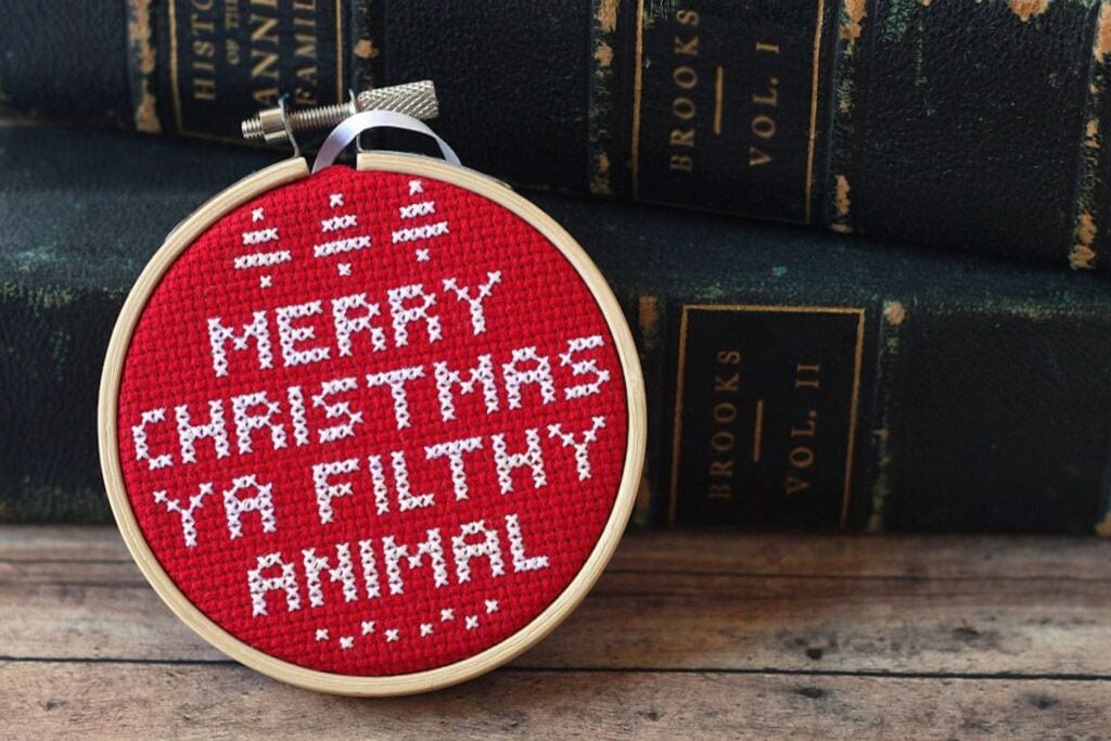 A close up shot of cross stitch ornament.
