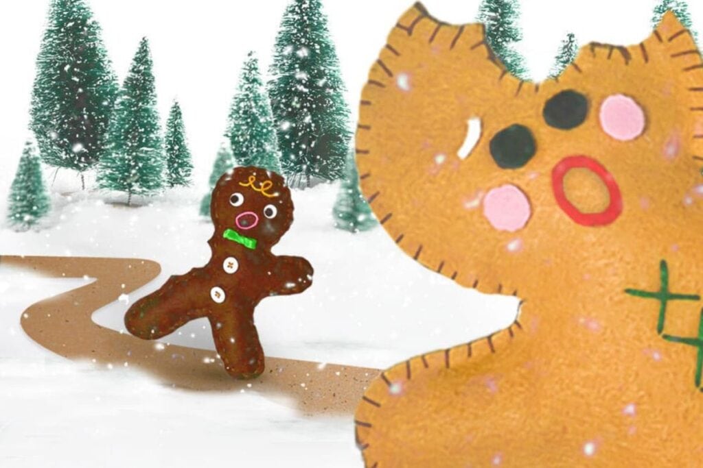 A close up shot of gingerbread plushes.