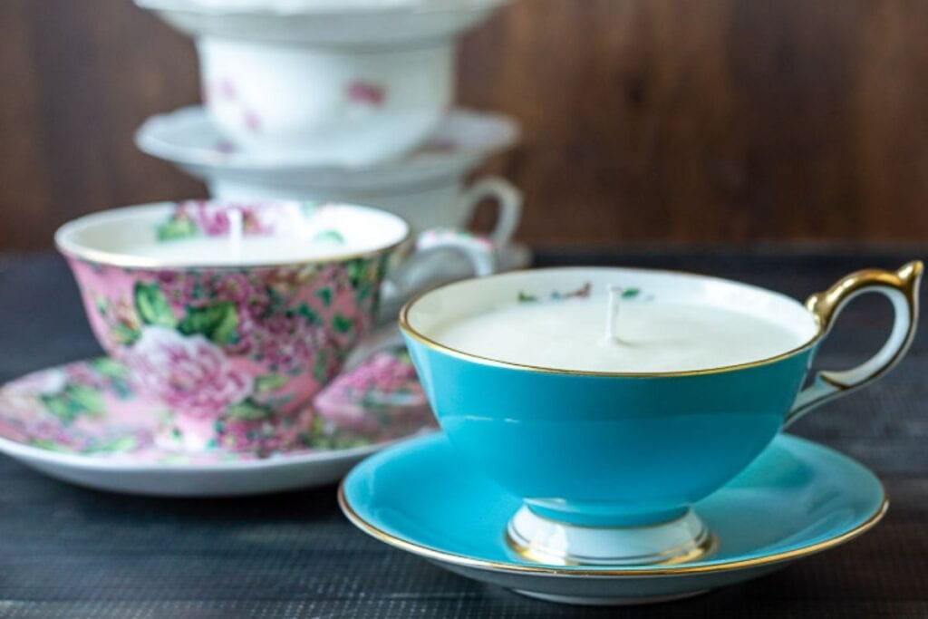 A close up shot of teacup candles.