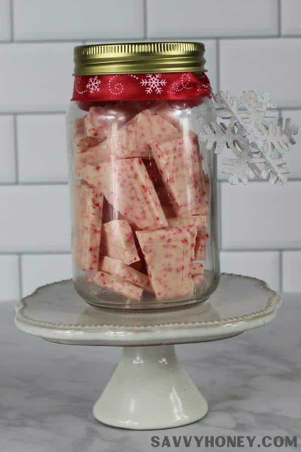 Peppermint bark in a jar.
