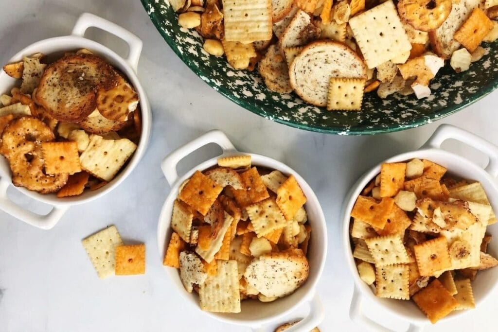 A close up shot of snack mix.