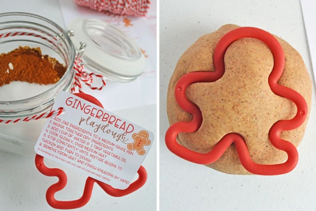 A close up shot of gingerbread playdough collage.