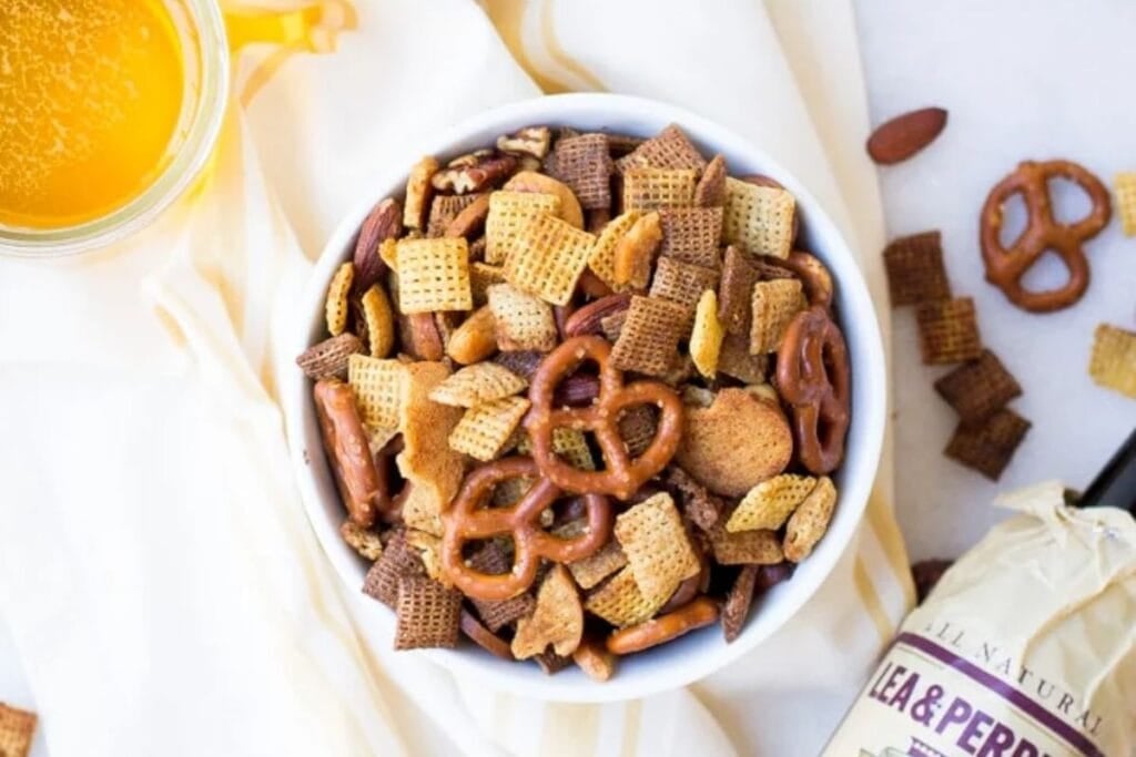 A close up shot of chex mix.