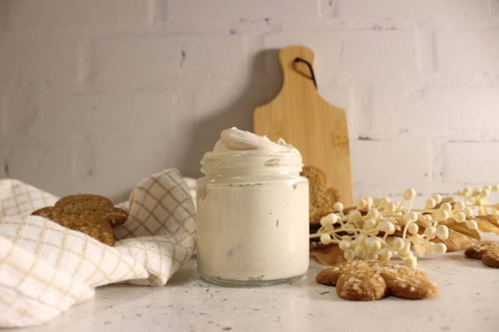A close up shot of homemade gingerbread body butter.