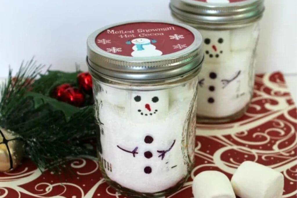 A close up shot of snowman hot cocoa.