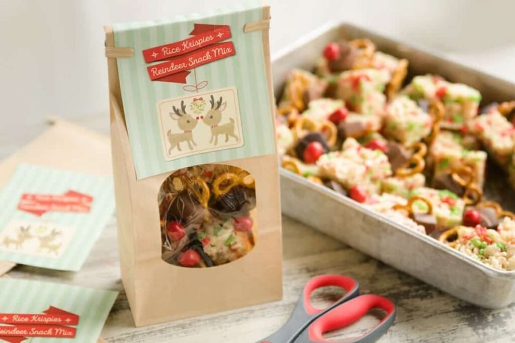A close up shot of reindeer snack mix.