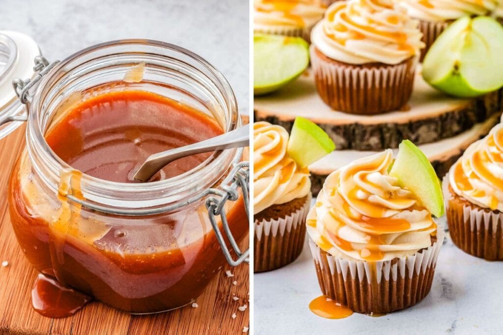 Salted caramel sauce collage.