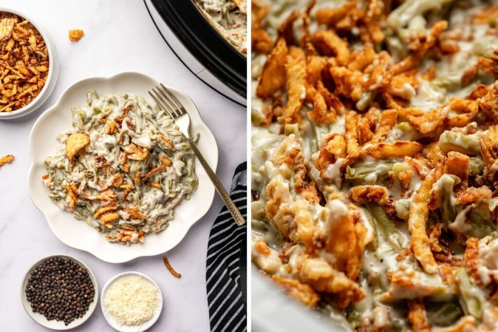 Two images: green bean casserole on a plate with fried onions and a close up.