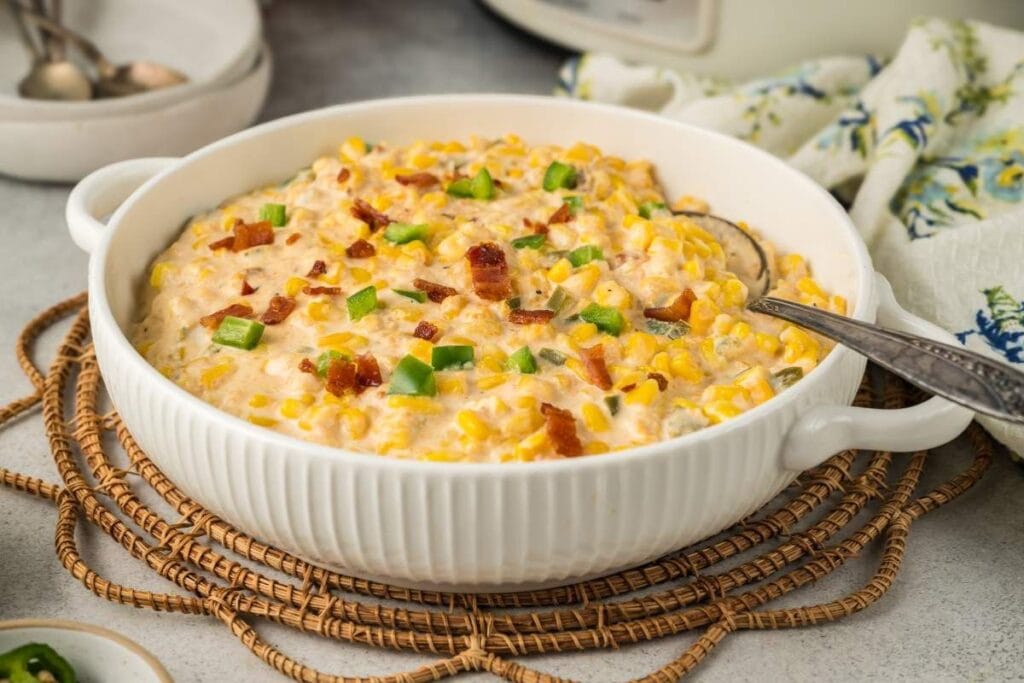 Creamed corn with jalape&ntilde;os and bacon in a white serving bowl.