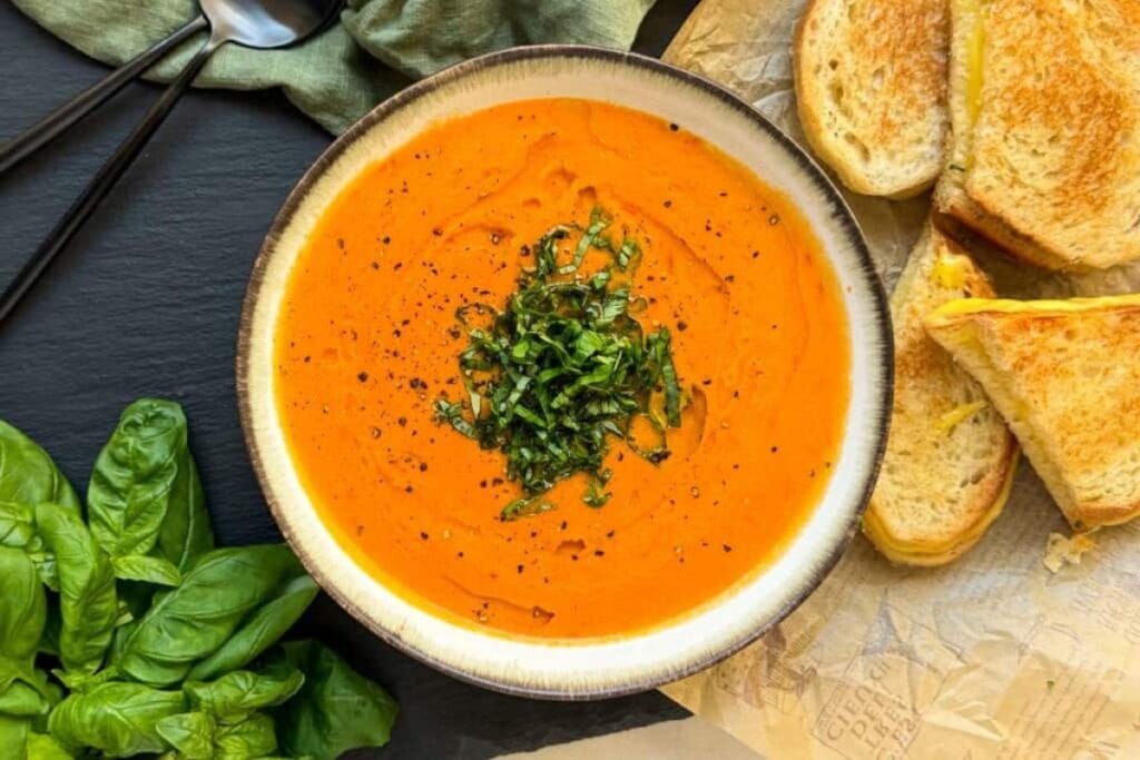 Tomato basil soup with grilled cheese sandwiches.