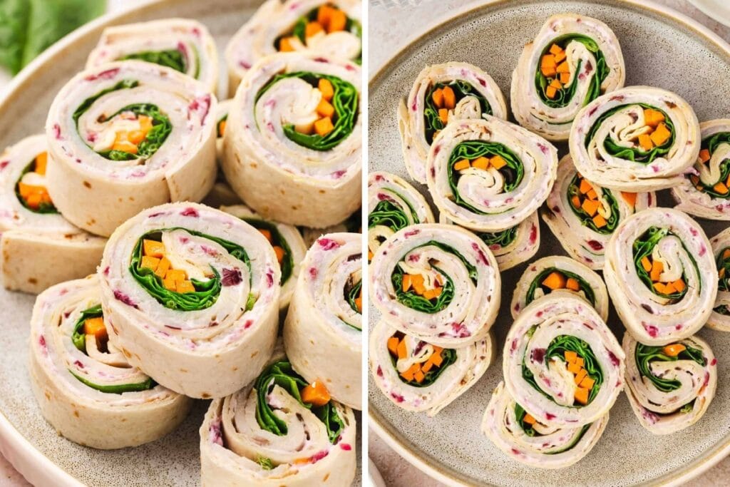 Two plates of sliced turkey roll-ups with cream cheese, cranberries, lettuce, and carrots.