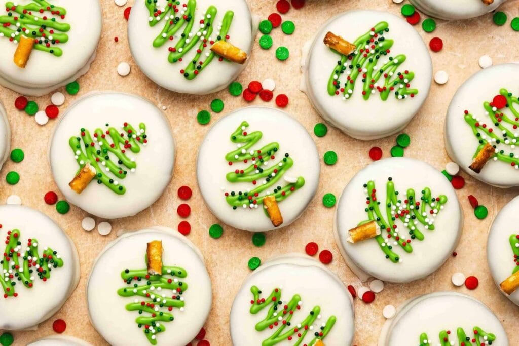 A close up shot of white chocolate covered Oreos.