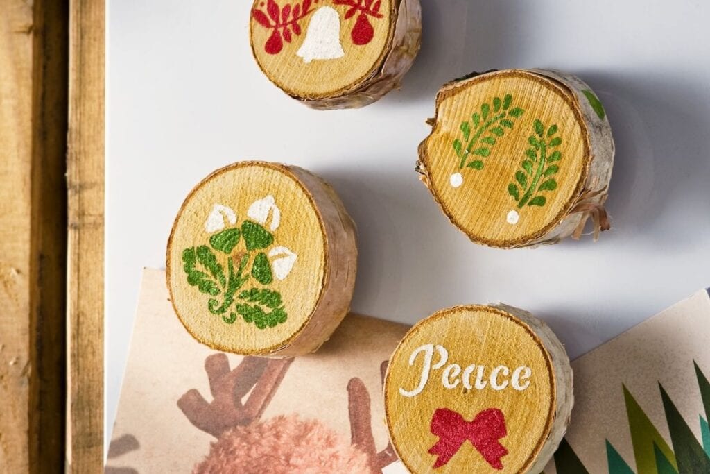 A close up shot of Christmas magnets.