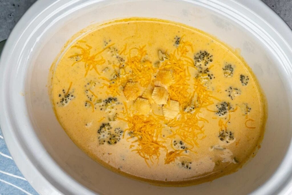 Broccoli Cheddar Soup in a slow cooker.