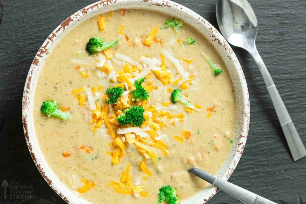 Bowl of broccoli cheese soup.