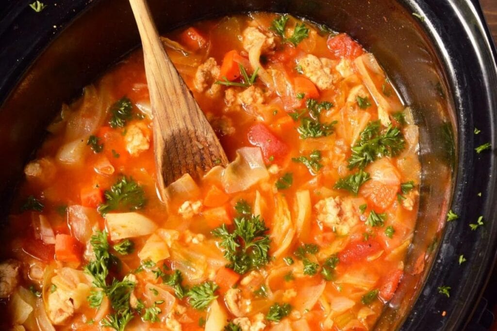 Cabbage Roll Soup in a crock pot.