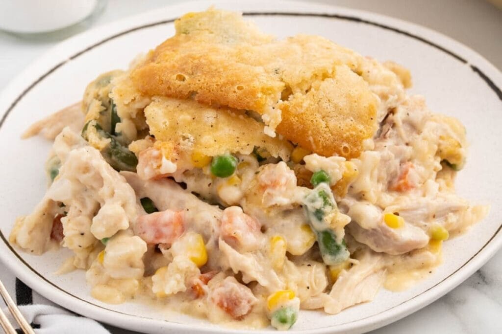 Chicken cobbler served on a plate.