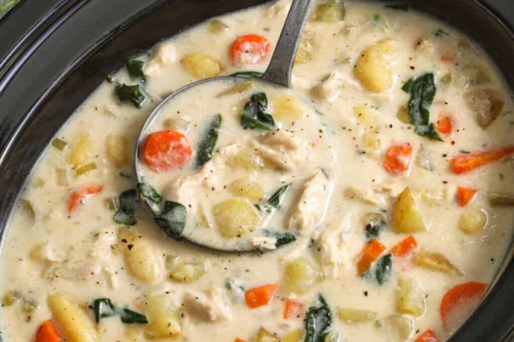 Chicken Gnocchi Soup in a crock pot.