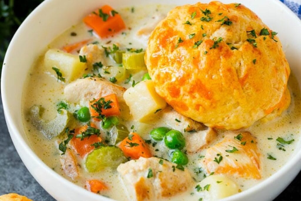 Chicken pot pie soup in a bowl.