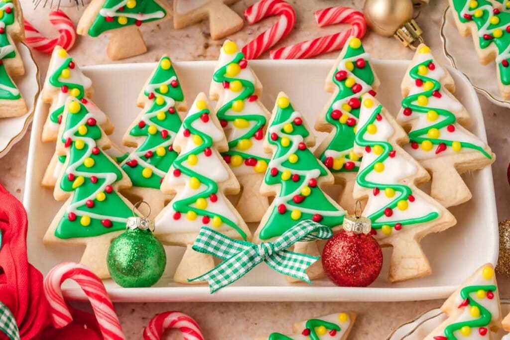 christmas tree sugar cookies on plate
