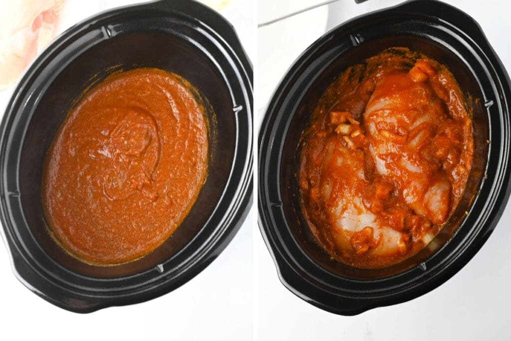Tomato sauce mixture in a crockpot, then chicken added and coated in sauce.
