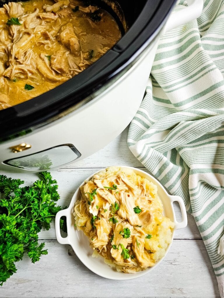 Shredded chicken in gravy served over mashed potatoes with parsley garnish.