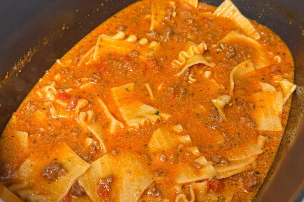 Crockpot Lasagna Soup in a slow cooker.
