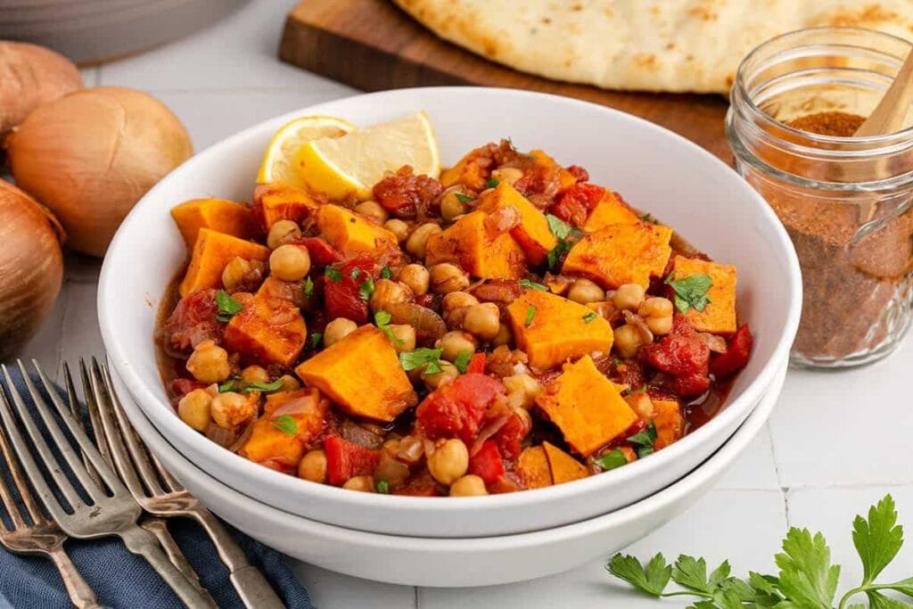 Sweet potato skillet served in a white bowl.