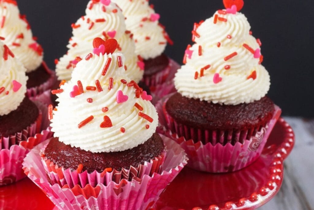 5-ingredient red velvet cupcakes on a plate.