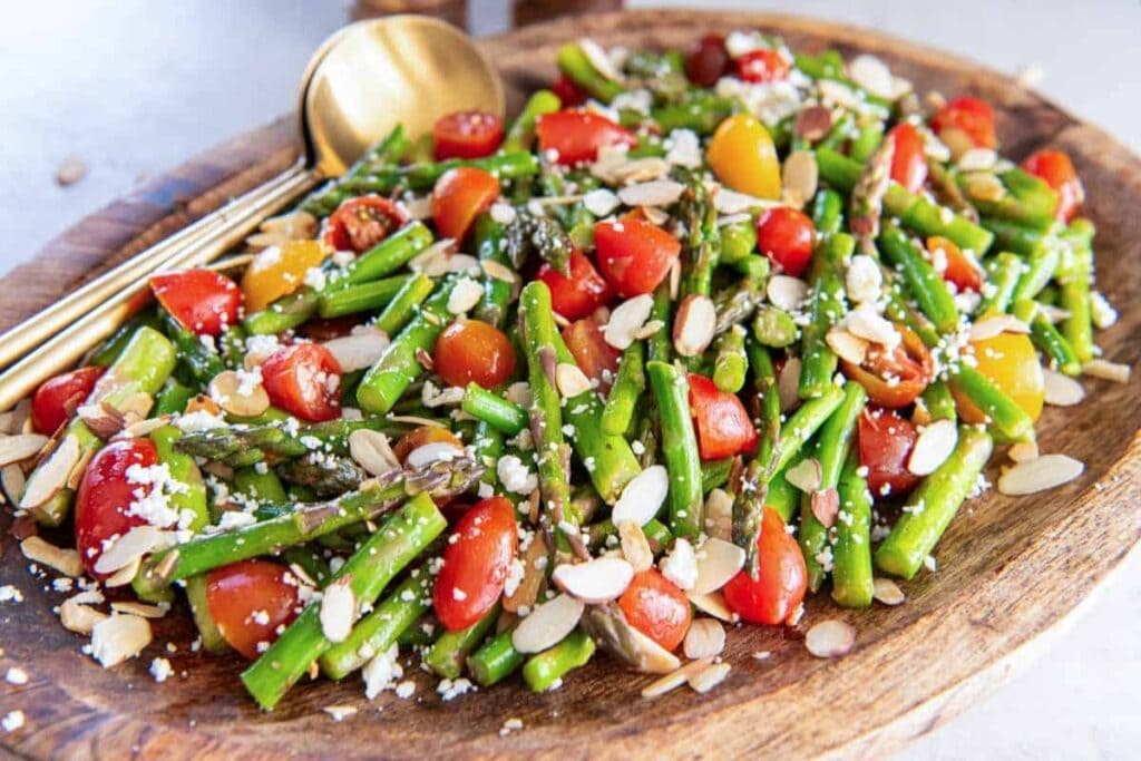 A close up shot of Asparagus Salad.