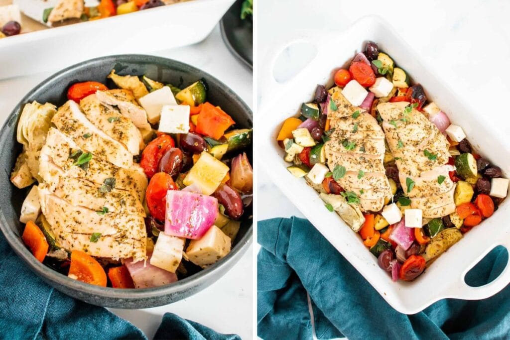 A close up shot of baked Greek chicken.