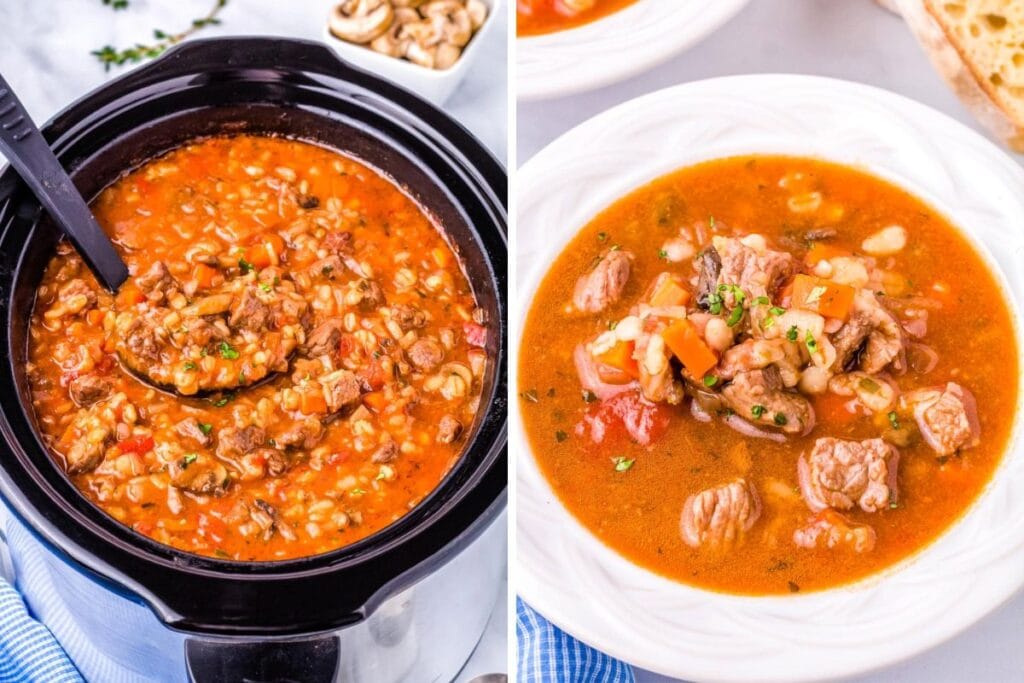 Collage of beef and barley soup.