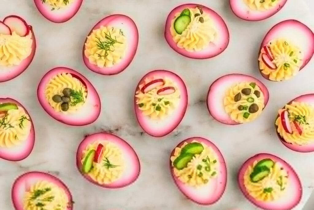 A close up shot of best pickled deviled eggs.