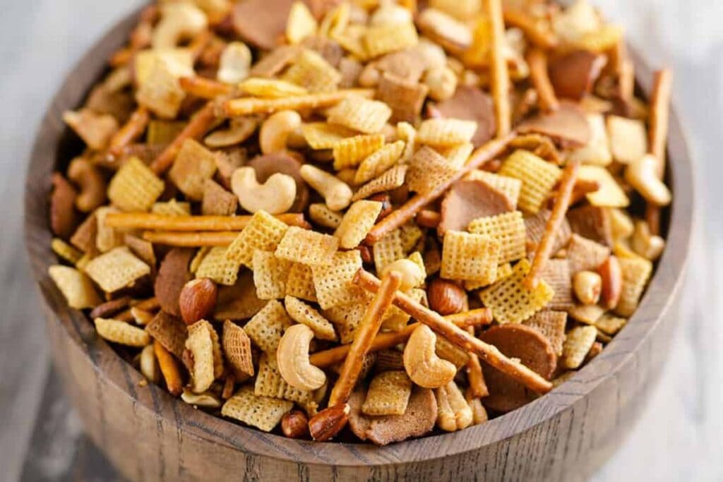 A close up shot of Best bold & buttery microwave snack mix.