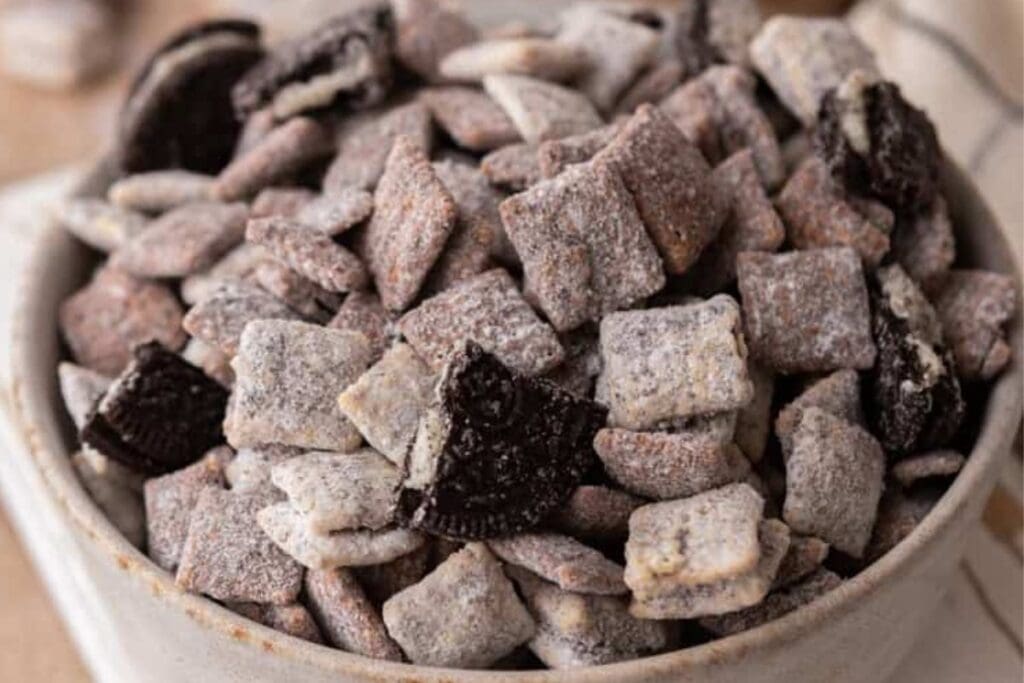 A close up shot of Best cookies and cream muddy buddies.